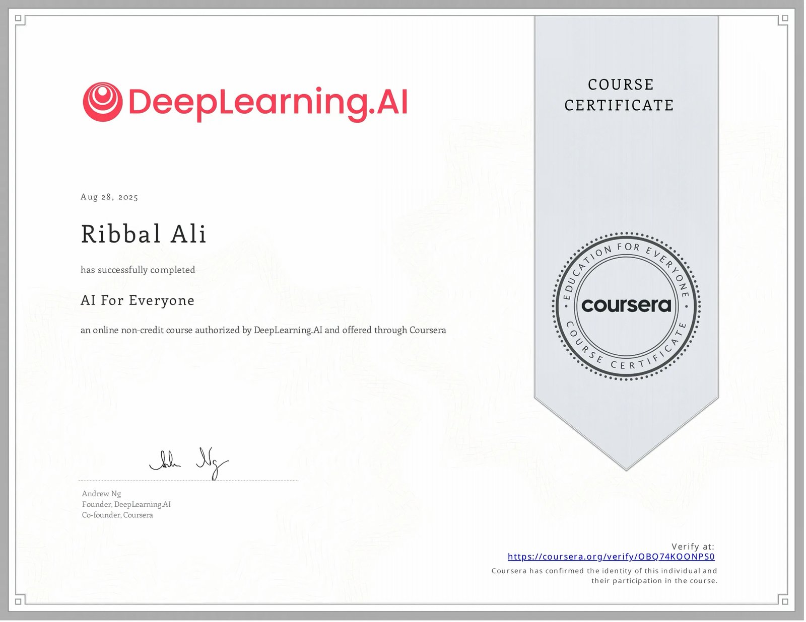 AI For Everyone Certificate